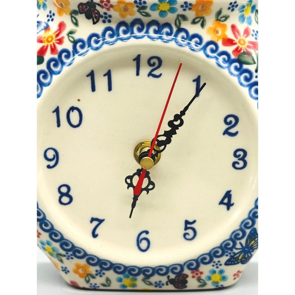 Polish Pottery Teapot Kettle Wall Mantle Clock Floral Butterfly Alla Volta